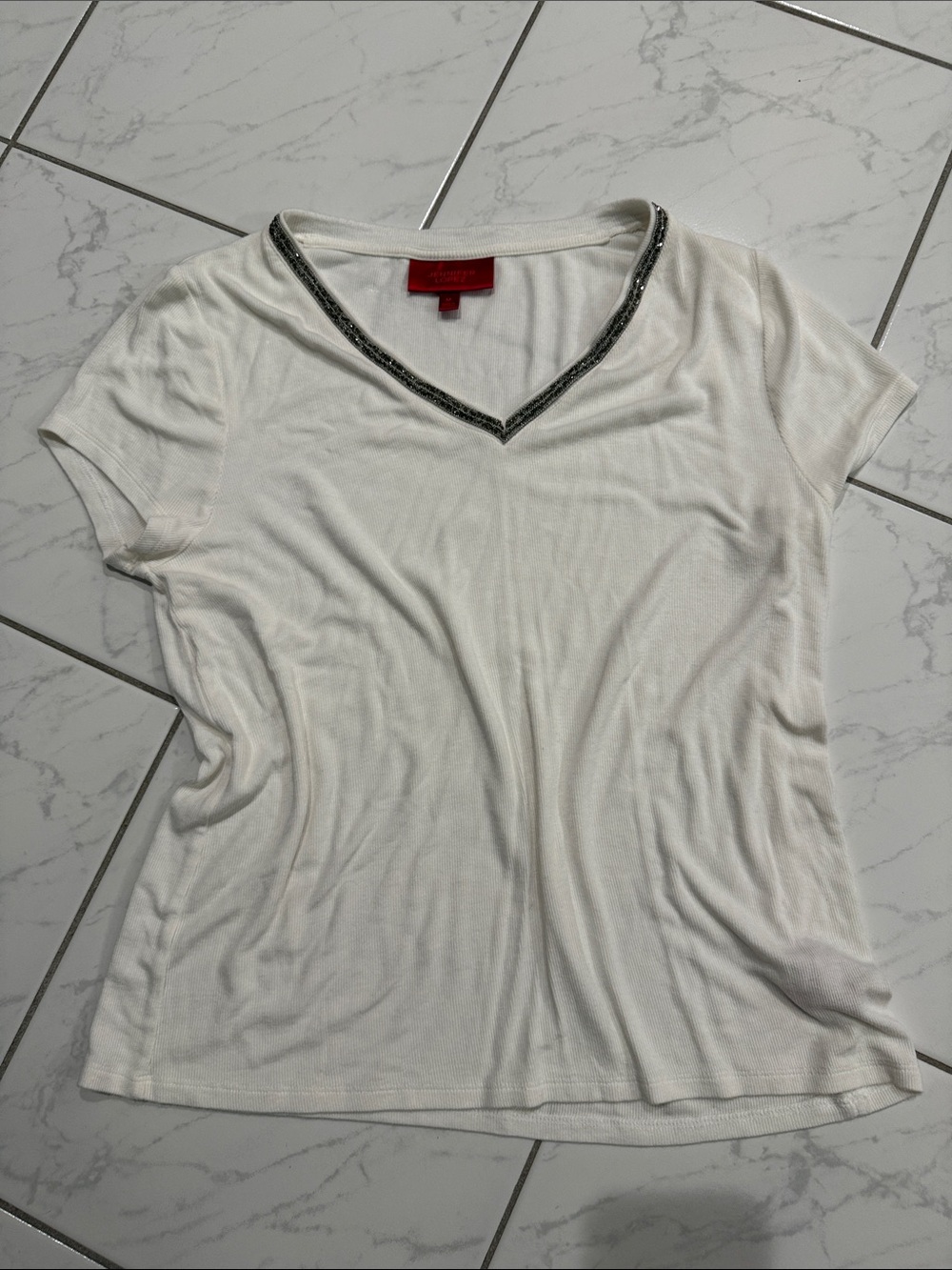 Jennifer Lopez White V-Neck Short Sleeve Top with Beaded Trim